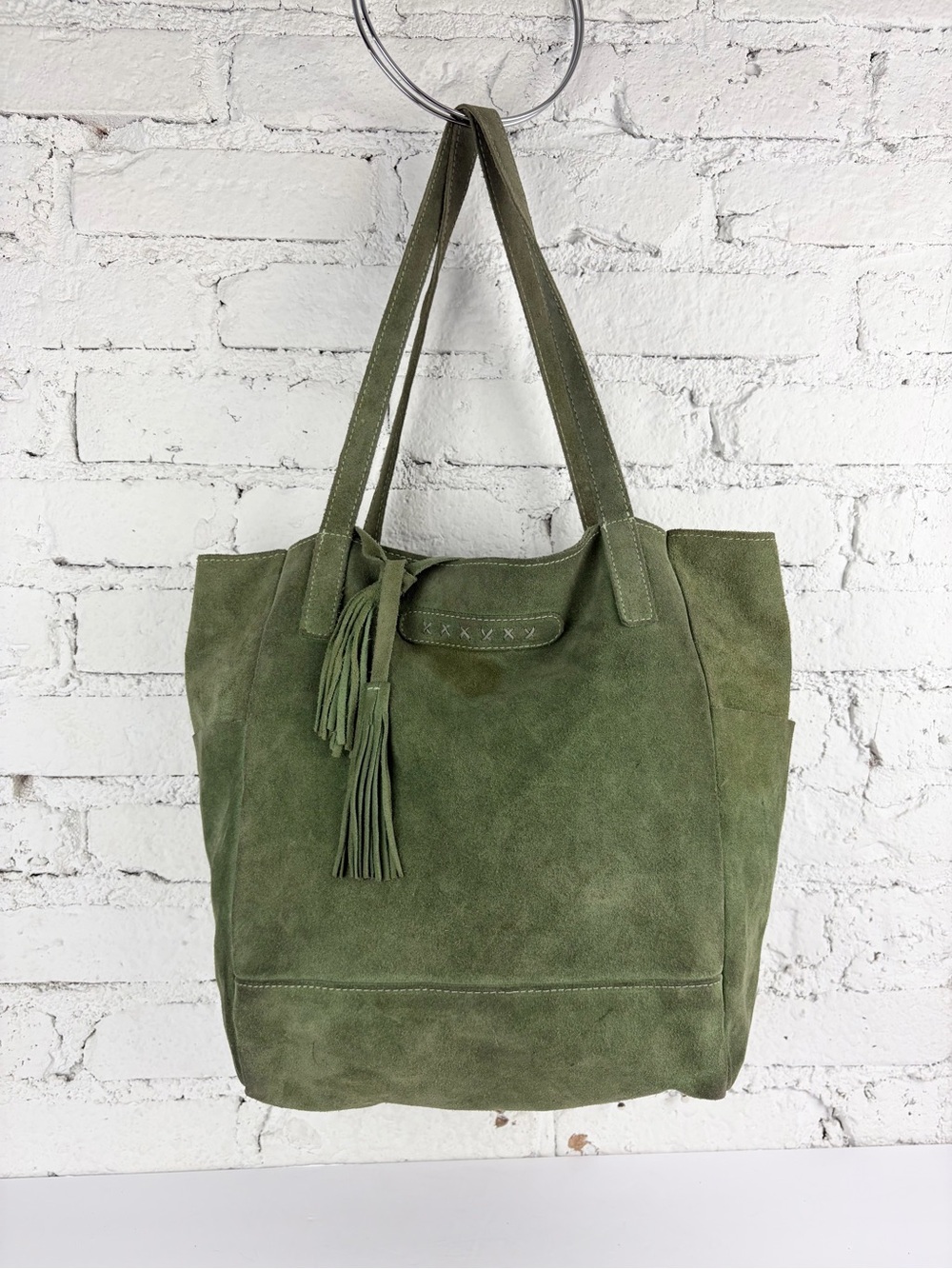 Sundance Italy Green Suede Leather Large Tassel Tie Tote Bag Purse